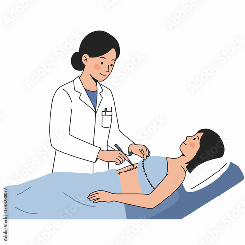 Doctor examines a patient's abdominal surgical incision with stitches, representing post-operative care and medical recovery.