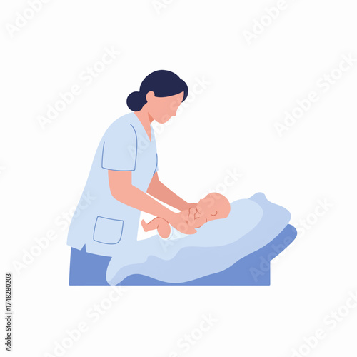 Healthcare professional tending to a newborn baby on a changing table, symbolizing infant care, medical examination, and pediatric health services.