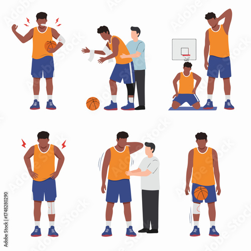 Basketball players experiencing various sports injuries, including elbow, knee, hip, and neck pain, with scenes of medical treatment, rehabilitation, and recovery exercises.
