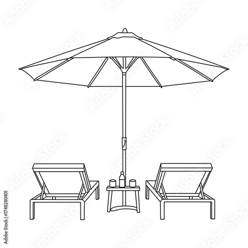 Line drawing of beach umbrella and two chairs,Beach chair line art black isolated on white background,
Hand drawn line vector illustration.