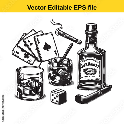 Vector art of gambling and drinking still life with playing cards, dice, whiskey bottle, and smoking pipe