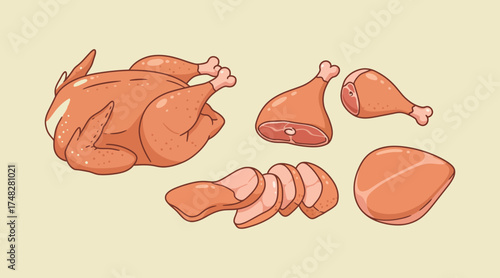 Delicious roasted chicken cartoon with separate pieces for easy meal planning and food blog designs,  perfect for Thanksgiving and dinner illustrations. Adobe Illustrator Artwork