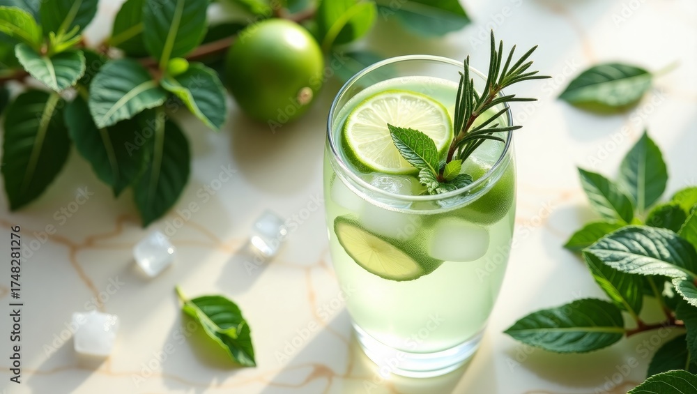Fototapeta premium Refreshing Lime and Mint Summer Drink – Cold Citrus Beverage with Ice and Fresh Herbs