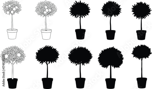  Potted plant and topiary silhouette vector set, decorative indoor tree illustration, black and white gardening design, home decor botanical elements for vector art.