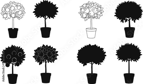  Potted plant silhouettes collection, citrus tree vector icons, decorative indoor plants, black and white garden trees illustration for nature, home decor, botanical design