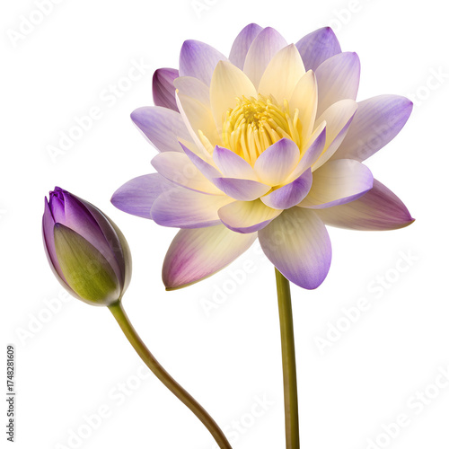 Delicate pale purple and yellow water lily flower with a closed bud on a dark background isolated on transparent background