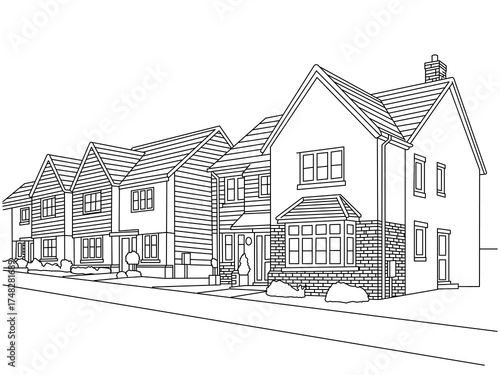 Hand-drawn line of row of english terraced houses, Row of typical english terraced houses next to each other,Vector illustration UK houses row