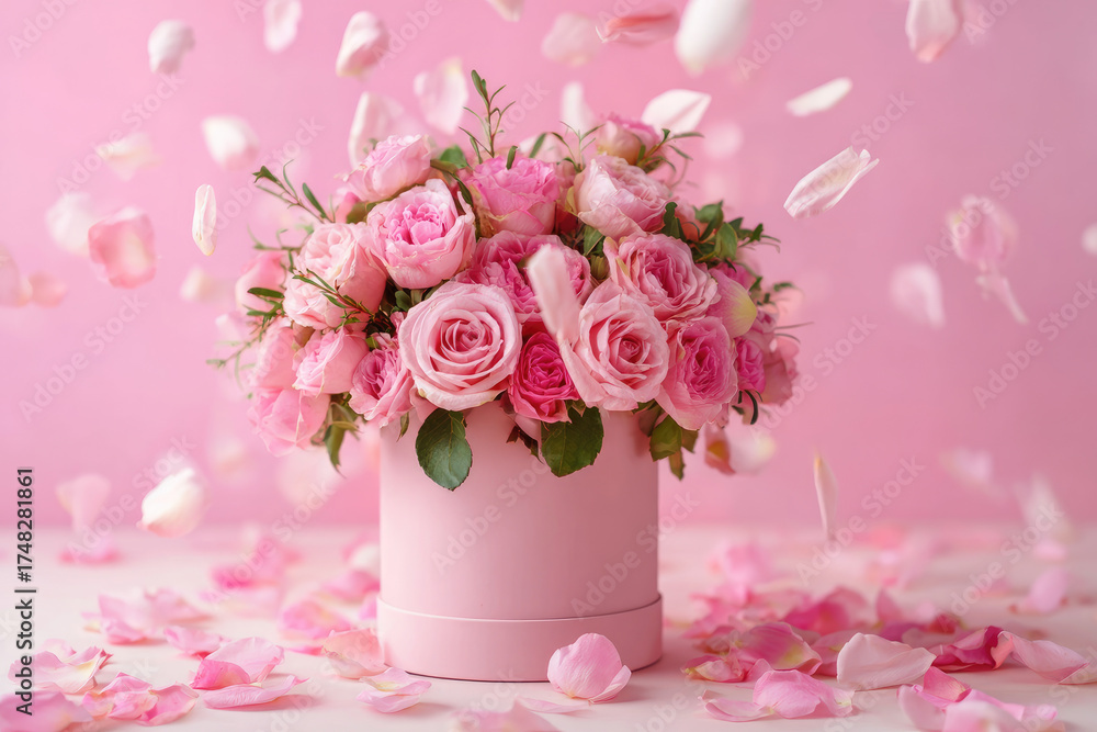 Fototapeta premium a bouquet of soft pink flowers in a box on a light background