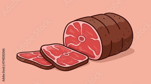 Delicious ham roast with sliced portions for culinary creations,  perfect for food blogs,  recipe websites,  and butcher shop promotions, Adobe Illustrator Artwork