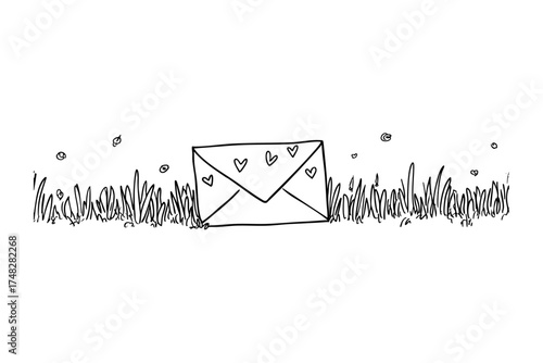 Love letter in grass sketch. Envelope adorned with hearts resting in a field, symbolizing hidden messages and romance.
