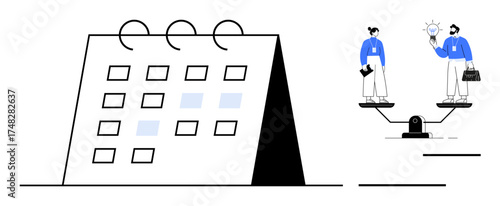 Calendar alongside two professionals balancing on a seesaw, holding a light bulb and a briefcase. Ideal for time management, teamwork, schedule planning, priorities, work-life balance, efficiency