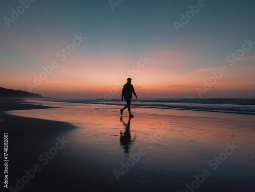 Single silhouette walking along coastline during stunning sunset, reflection of orange and pink light on wet sand, long exposure blur for gentle waves, emotional peaceful mood, high-quality
