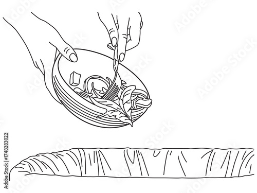 Vector compost from leftover food, Hand drawn line of girl hand holding leftover food plate use fork throw away food scraps, rotten vegetable into trash ,Vector illustration food waste concept
