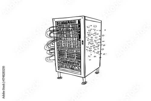 server rack sketch drawing with cables network hardware. hand drawn data center equipment computer server.