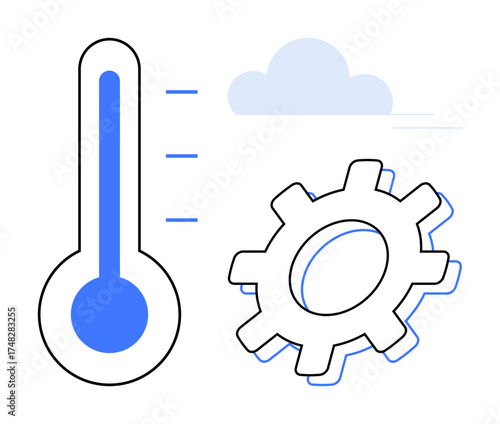 Thermometer with blue gradient, gear indicating operation, and a cloud element. Ideal for weather, temperature management, automation, sustainability, innovation, industry and cloud computing