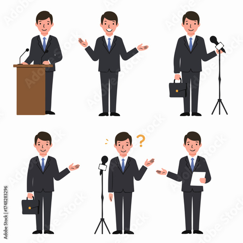 Versatile cartoon businessman vector set for public speaking, presentations, press conferences, and business communication concepts, showcasing various poses and interactions.