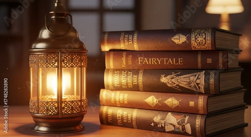 Aesthetic Photo Vintage Lantern And Fairytale Books Warm Glow