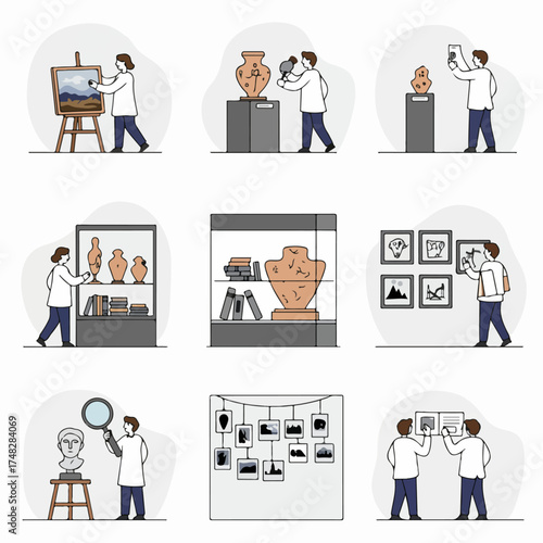 Diverse scenes illustrating people's engagement with art, history, and cultural heritage in museums and galleries, including creation, curation, and exhibition.