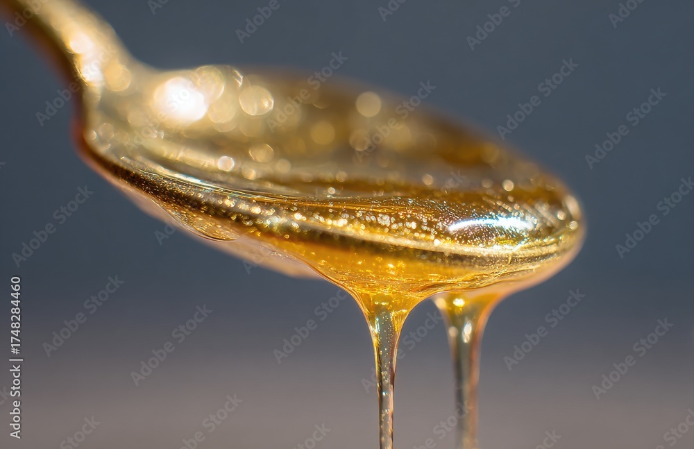 Fototapeta premium Golden honey dripping from spoon in macro shot