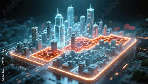 Futuristic smart city energy grid, digital holographic map, neon cyberpunk skyline, glowing network infrastructure, urban innovation vibe