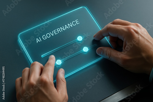 AI governance control slider interface technology policy regulation compliance cyber abstract panel glows with futuristic light and focused hands