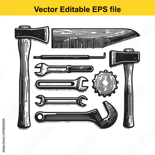 Vector art of assortment of antique carpentry and mechanical tools, featuring axes, hammers, wrenches, a saw, and a cogwheel, ideal for historical or industrial themes