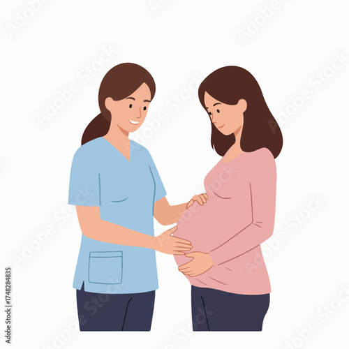 Healthcare professional gently examining a pregnant woman's baby bump, symbolizing prenatal care, support, and medical assistance during pregnancy. Flat vector illustration.