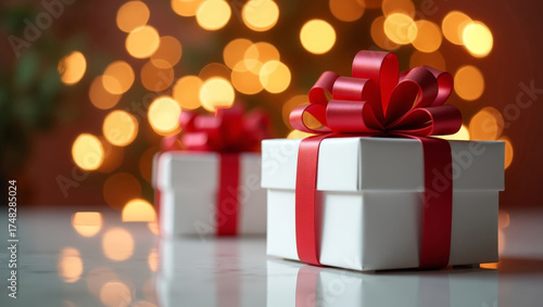 Wallpaper Mural Christmas white gift boxes wrapped with red ribbons and bows in a warm, festive setting with blurred golden bokeh lights Torontodigital.ca