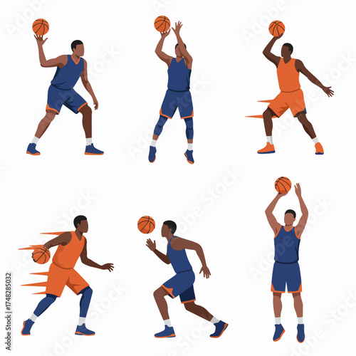 Dynamic vector illustrations of male basketball players in various action poses, including dribbling, shooting, and passing, isolated on white.