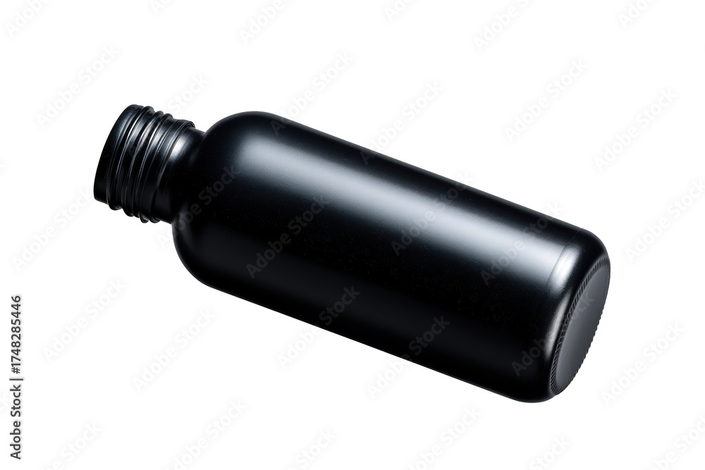 Fototapeta premium Black opaque bottle lying on its side isolated on transparent background