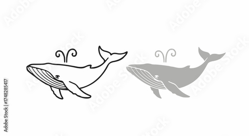 Two whales, one outlined and one filled, with water spouts