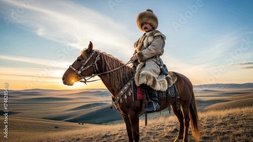 Wallpaper Mural Mongolian horseman in traditional winter clothing riding horse at sunset video Generative AI Torontodigital.ca