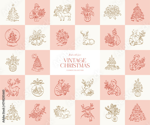 Set of minimalist Christmas vector illustrations in hand-drawn line art style. Festive elements for cards, posters, gift designs, and modern holiday greetings.