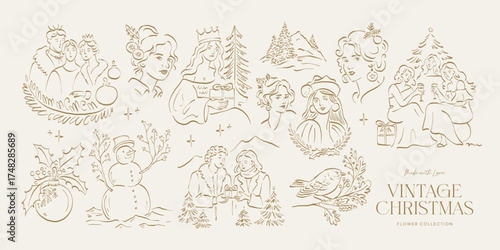 Set of minimalist Christmas vector illustrations in hand-drawn line art style. Festive elements for cards, posters, gift designs, and modern holiday greetings.