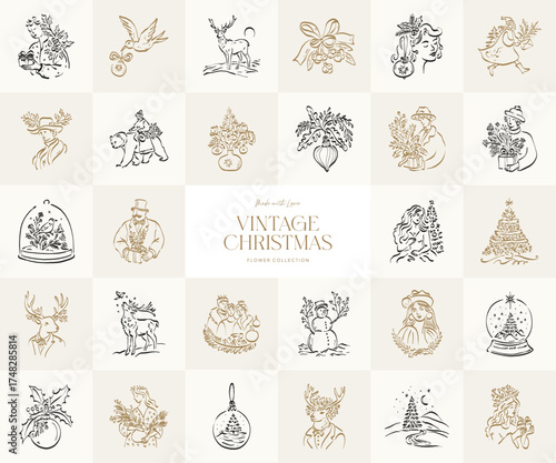 Set of minimalist Christmas vector illustrations in hand-drawn line art style. Festive elements for cards, posters, gift designs, and modern holiday greetings.