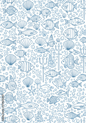 A detailed illustration of various aquatic life forms including fish and seashells.
