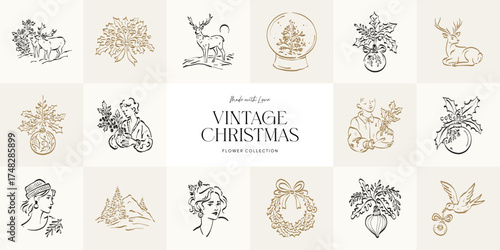 Set of minimalist Christmas vector illustrations in hand-drawn line art style. Festive elements for cards, posters, gift designs, and modern holiday greetings.