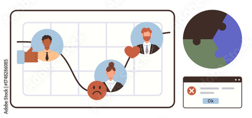 Workflow chart connects emotions, teamwork, and problem resolution steps with graphs, faces, and symbols. Ideal for leadership, team building, problem-solving, communication data analysis emotional