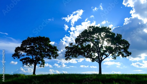 Wallpaper Mural Two silhouetted trees against a vibrant blue sky with fluffy white clouds Torontodigital.ca
