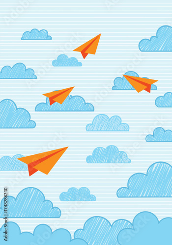 Orange paper airplanes soaring through a sky filled with cartoon clouds.