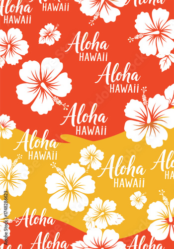 Bright Aloha Hawaii tropical floral pattern with hibiscus flowers.