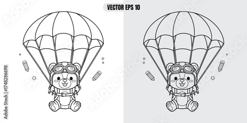 Cute cartoon bear pilot with goggles and helmet, parachuting down,  , vector