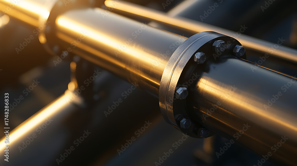 Naklejka premium Interconnected pipes, showcasing industrial infrastructure. A network of metal tubes with bolted connections. Metal reflects sunlight.