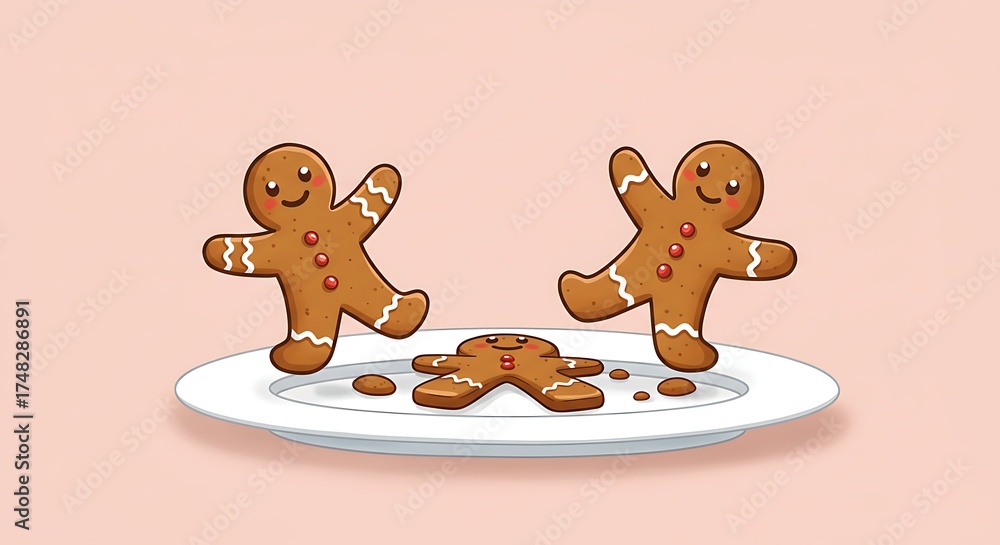 Obraz premium Two cheerful gingerbread men playfully stand on a white plate next to their broken companion, creating a humorous holiday treat scene against a soft pink background
