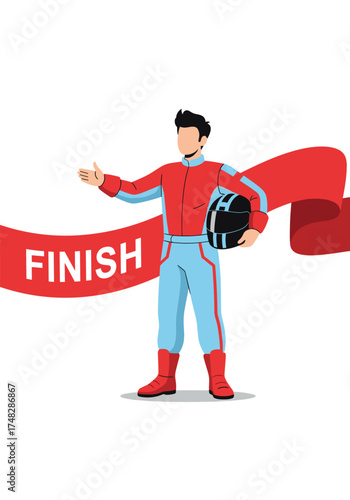 A race car driver crosses the finish line with a helmet in hand.