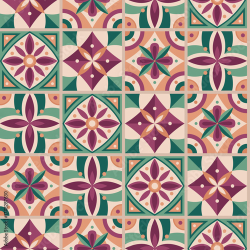 Seamless pattern with colorful geometric tiles. Background with decorative squares in vibrant colors