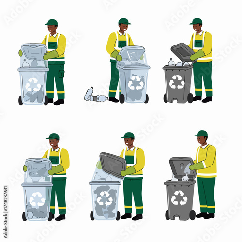 A collection of illustrations showing a male sanitation worker actively engaged in sorting and recycling plastic bottles into designated bins, emphasizing environmental care and waste management.