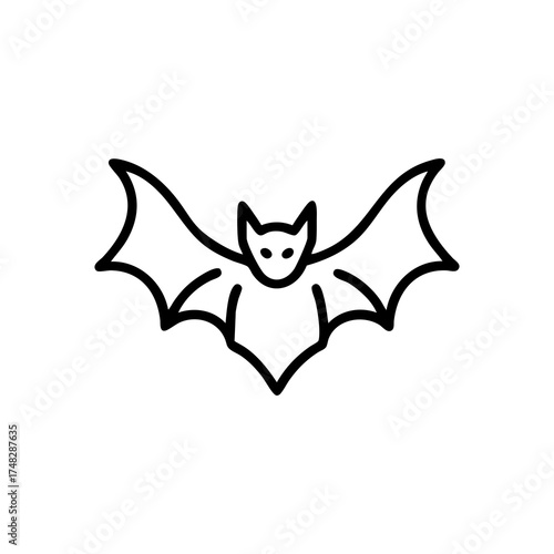 A simple black outline drawing of a bat with outstretched wings, isolated on a white background
