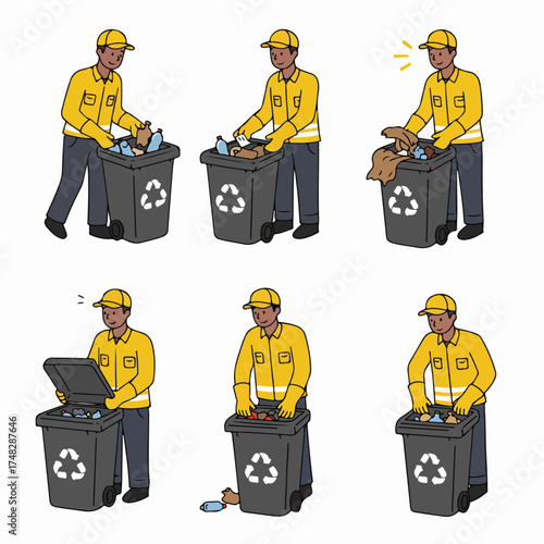 Illustrations of a sanitation worker sorting waste into a recycling bin, showcasing proper waste management and environmental responsibility, emphasizing conscious disposal practices.