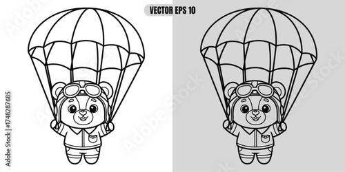 Adorable cartoon bear wearing aviator goggles and jacket, skydiving with a parachute, line art illustration  